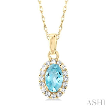 5x3 MM Oval Shape Aquamarine and 1/20 Ctw Single Cut Diamond Halo Semi-Precious Pendant with Chain in 14K Yellow Gold